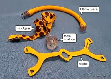 Example of a nasal mask showing the mask cushion, headgear, frame and elbow piece