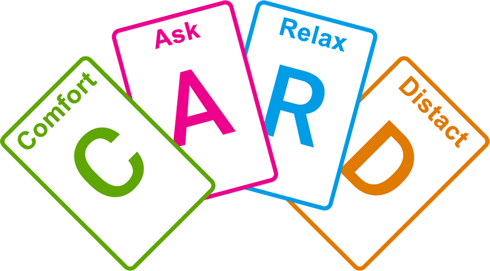 CARD fanned cards icon showing comfort, ask, relax and distract