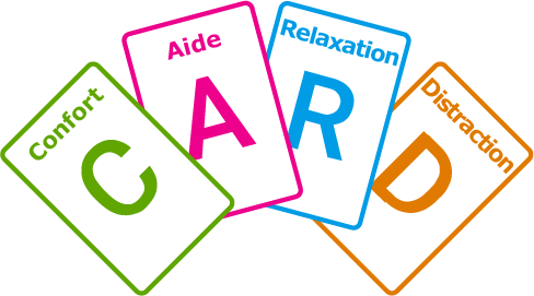 Ic&ocirc;ne du &laquo; syst&egrave;me CARD &raquo; repr&eacute;sentant des cartes en &eacute;ventail et illustrant les concepts de confort, de demande, de relaxation et de distraction