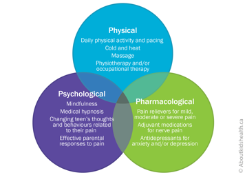 Three overlapping circles containing psychological, physical and pharmacological strategies