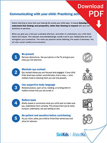 clickable thumbnail of communicating with your child: practicing active listening handout