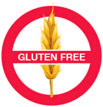 Wheat with a red circle around and red line across it and the words 'gluten-free' in the line