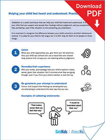 clickable thumbnail of helping your child feel heard and understood: practicing validation handout