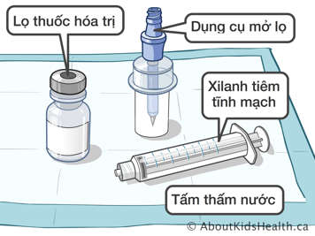 Lọ thuốc hóa trị, dụng cụ cắm vào lọ thuốc và ống tiêm tĩnh mạch đặt trên một tấm trải hút nước