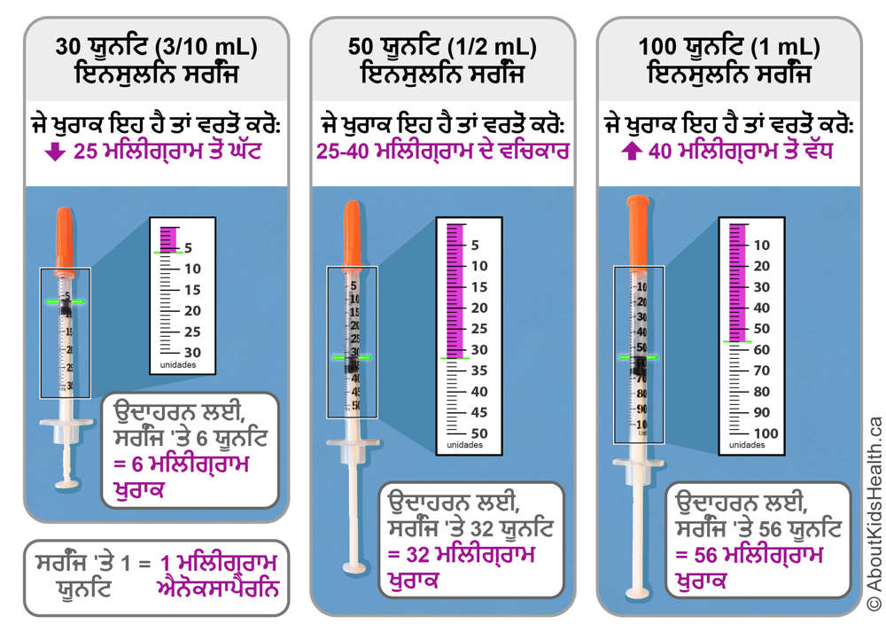 ਵੱਖ-ਵੱਖ ਆਕਾਰ ਦੀਆਂ ਸਰਿੰਜਾਂ ਵਿੱਚ ਐਨੋਕਸਾਪਰੀਨ ਦੀਆਂ ਤਿੰਨ ਵੱਖ-ਵੱਖ ਖੁਰਾਕਾਂ ਦਿਖਾਉਂਦੀਆਂ ਫੋਟੋਆਂ