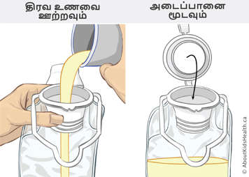 Pouring formula into feeding bag and closing the seal on the feeding bag