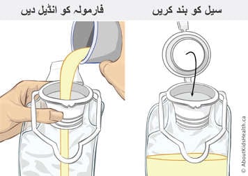 Pouring formula into feeding bag and closing the seal on the feeding bag