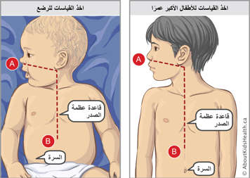 Measurements on an infant and on an older child and location of base of chest bone and belly button on both