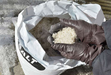 Gloved hands scooping salt out of a bag
