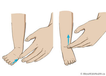 On the left adult hand stroking outside of child's foot. On the right adult hand stroking child's lower leg