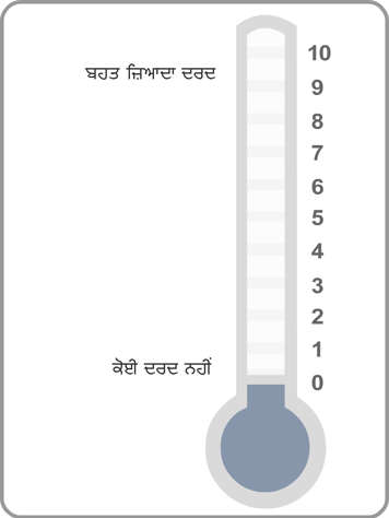 ਜ਼ੀਰੋ ਤੋਂ ਦੱਸ ਤੱਕ ਨੰਬਰਾਂ ਵਾਲਾ ਥਰਮਾਮੀਟਰ, ਥਰਮਾਮੀਟਰ ਦੇ ਹੇਠਲੇ ਹਿੱਸੇ ਤੇ ਕੋਈ ਪੀੜ ਨਹੀਂ ਅਤੇ ਉਸਦੇ ਸਿਖਰ ਤੇ ਸਭ ਤੋਂ ਬੁਰੀ ਪੀੜ ਅੰਕਿਤ ਕੀਤੀ ਹੋਈ