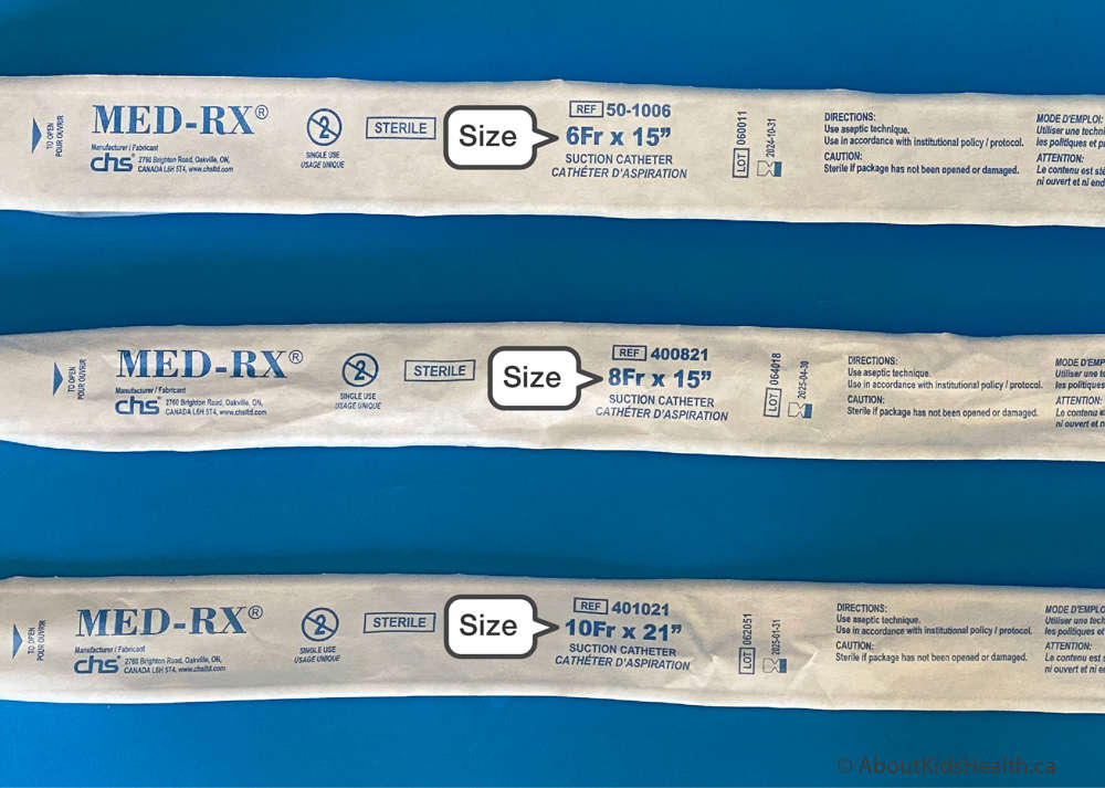 THree different catheters in their packaging showing where to find the size